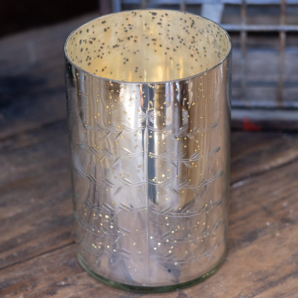 Silver Mercury Glass Candleholder with Christmas Design Motif Large