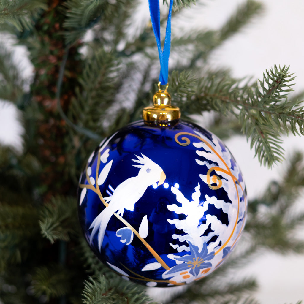 Hand-Blown Song Bird Bauble Shiny Blue Ornament