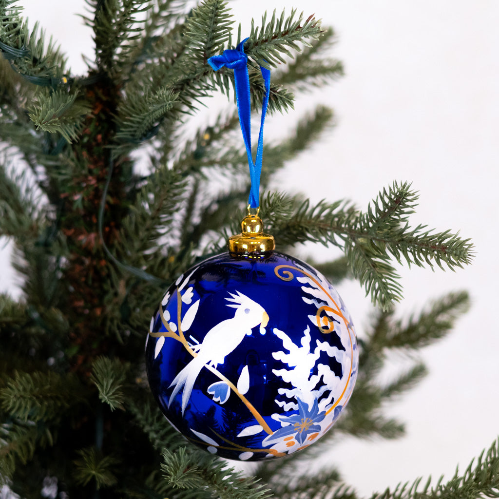 Hand-Blown Song Bird Bauble Shiny Blue Ornament