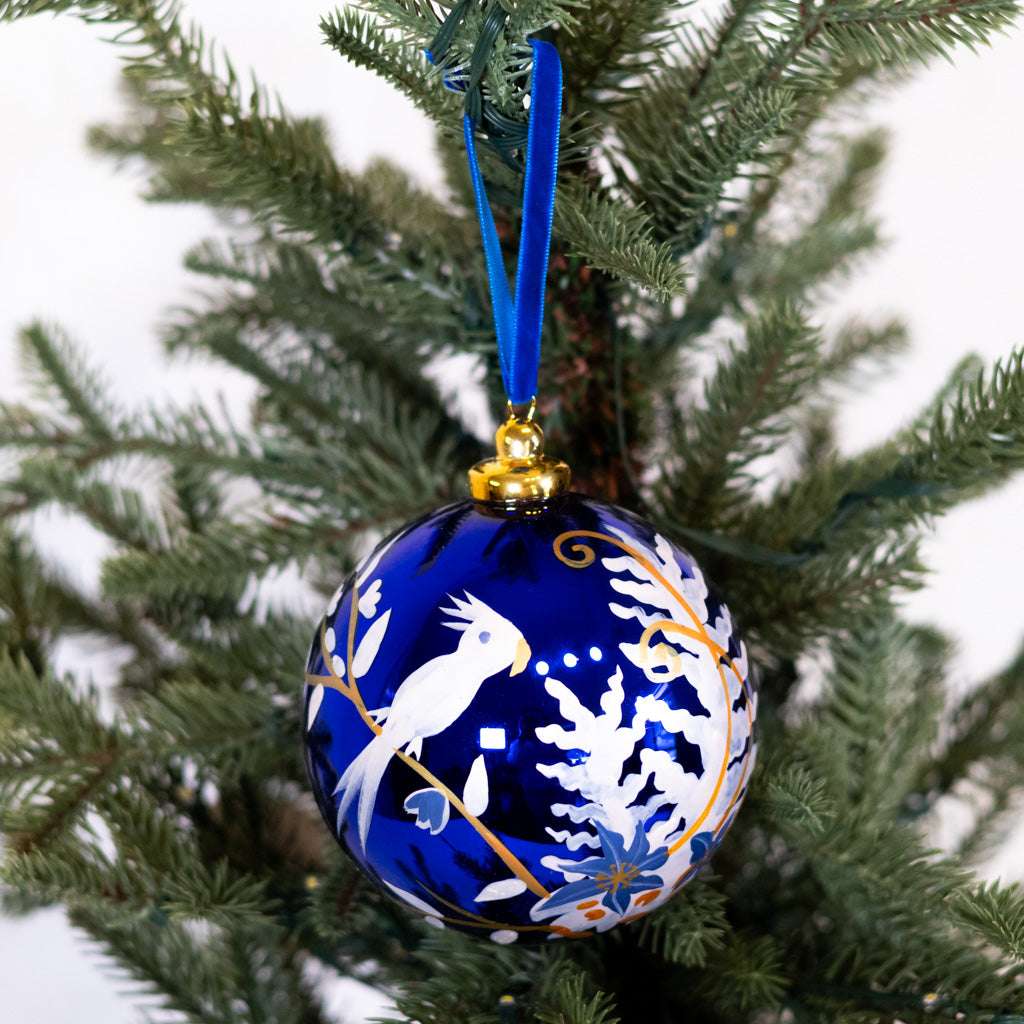 Hand-Blown Song Bird Bauble Shiny Blue Ornament