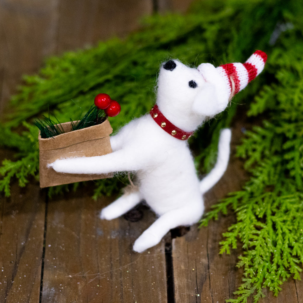 Felt Dog in Red Santa Hat Holding Flower Basket Ornament