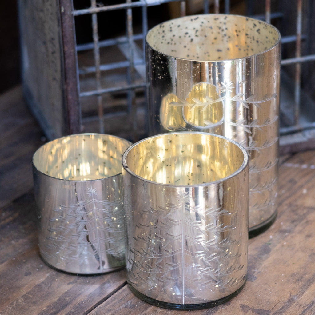 Silver Mercury Glass Candleholder with Christmas Design Motif Medium