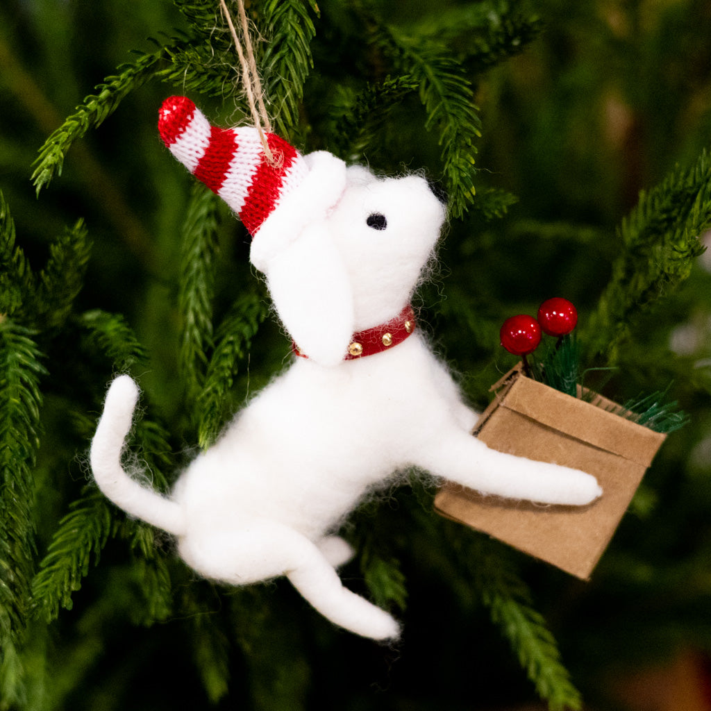 Felt Dog in Red Santa Hat Holding Flower Basket Ornament