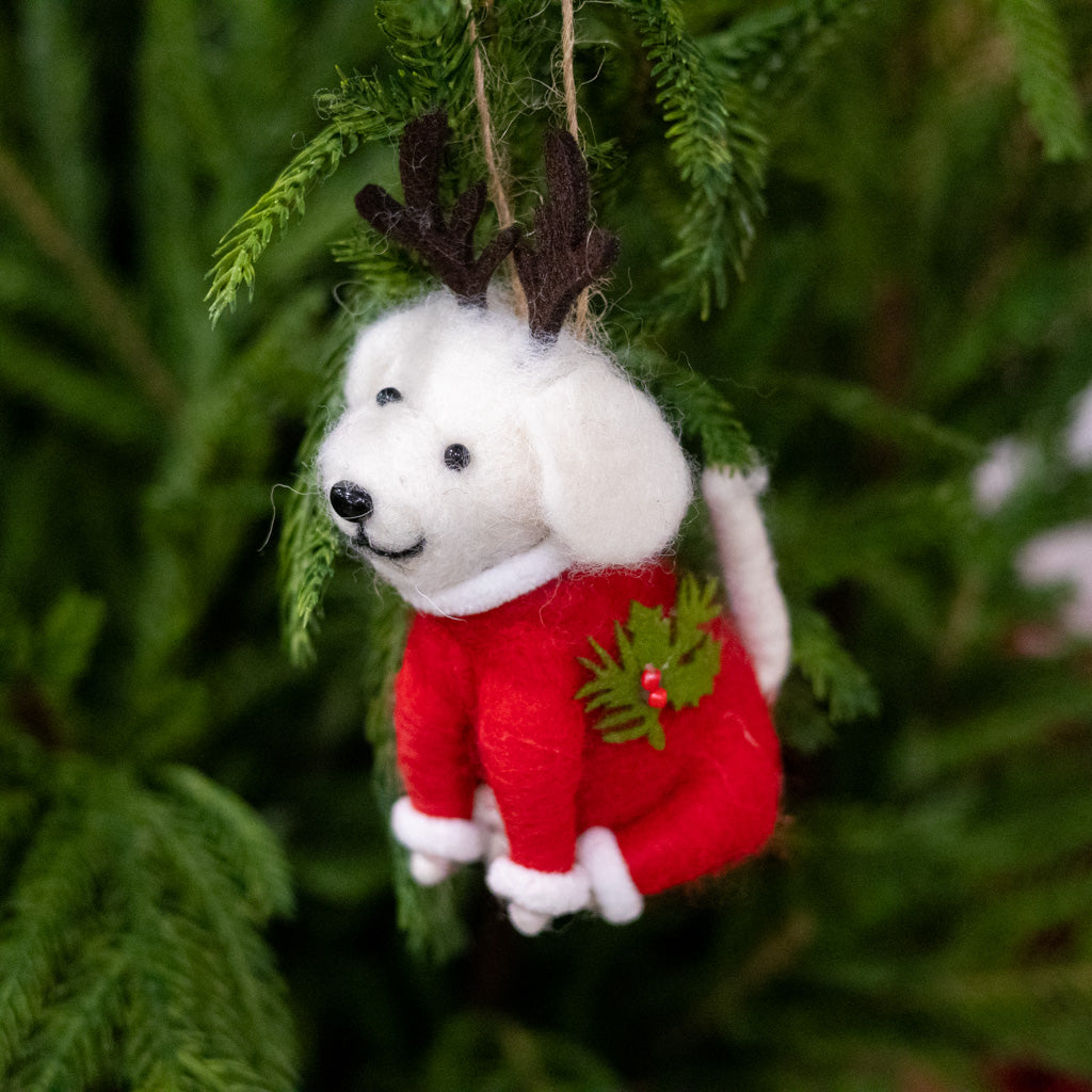 Felt Baby White Puppy in Red Sweater Ornament