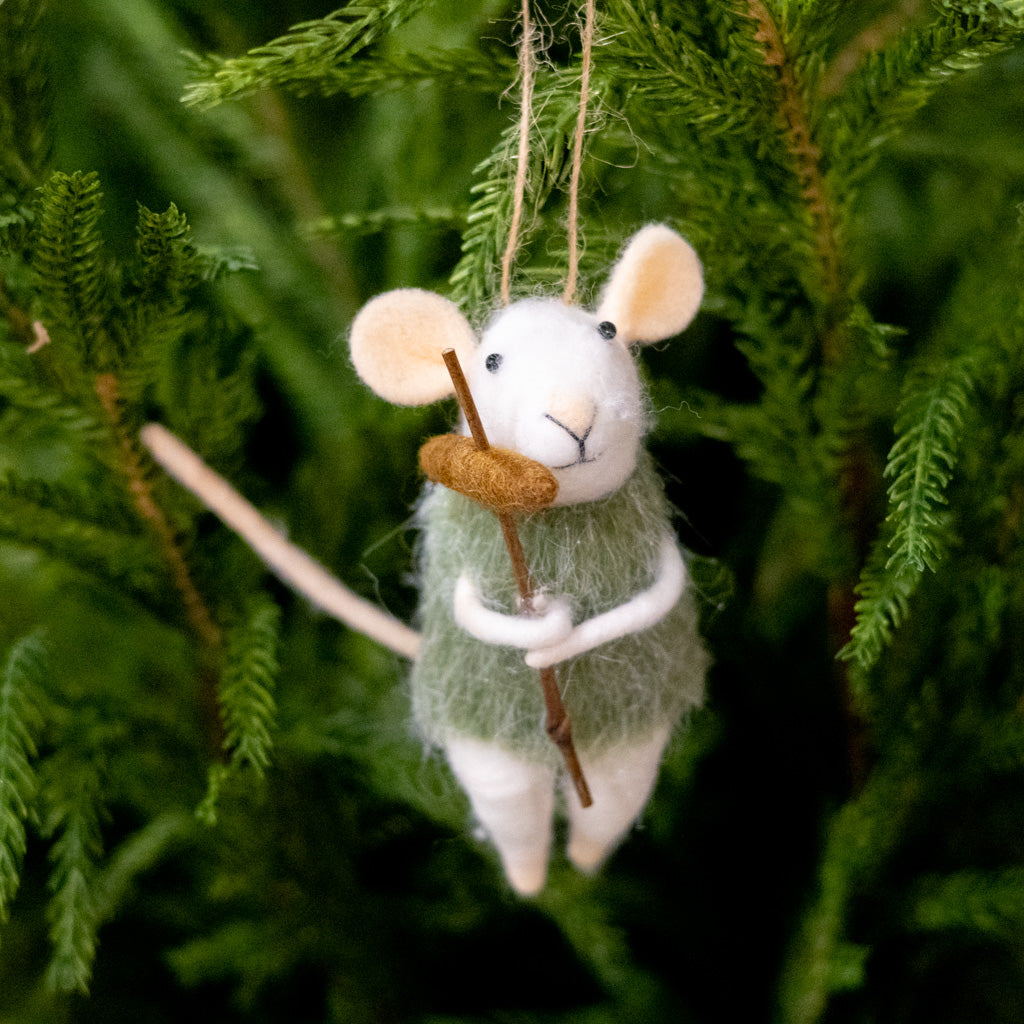 Felt Mouse Roasting a Hot Dog Ornament