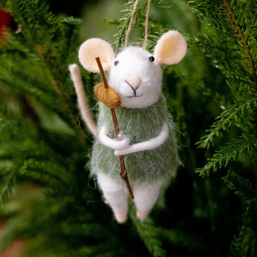 Felt Mouse Roasting a Hot Dog Ornament