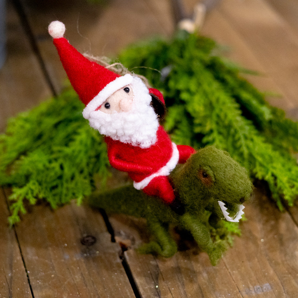 Felt Santa Riding a Green Felt Dinosaur Ornament