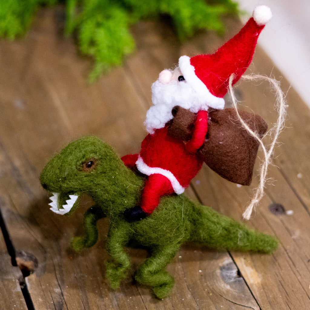Felt Santa Riding a Green Felt Dinosaur Ornament