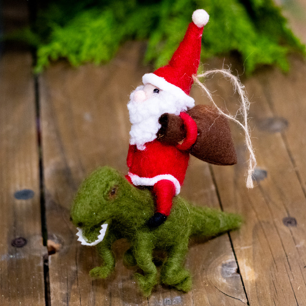 Felt Santa Riding a Green Felt Dinosaur Ornament