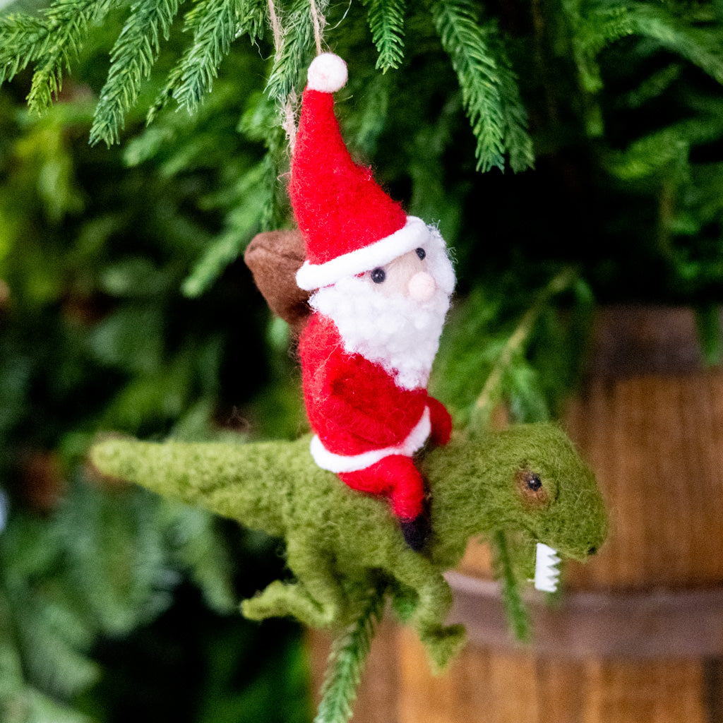 Felt Santa Riding a Green Felt Dinosaur Ornament