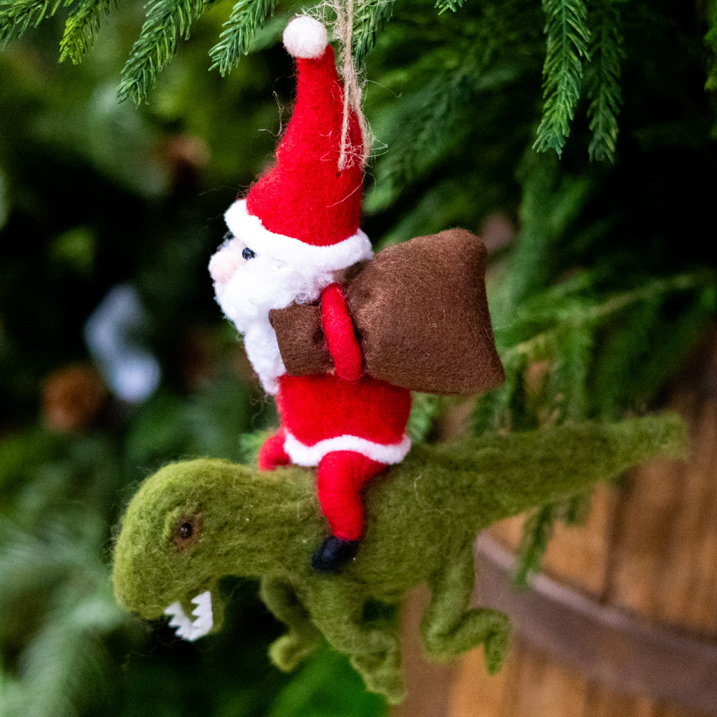 Felt Santa Riding a Green Felt Dinosaur Ornament