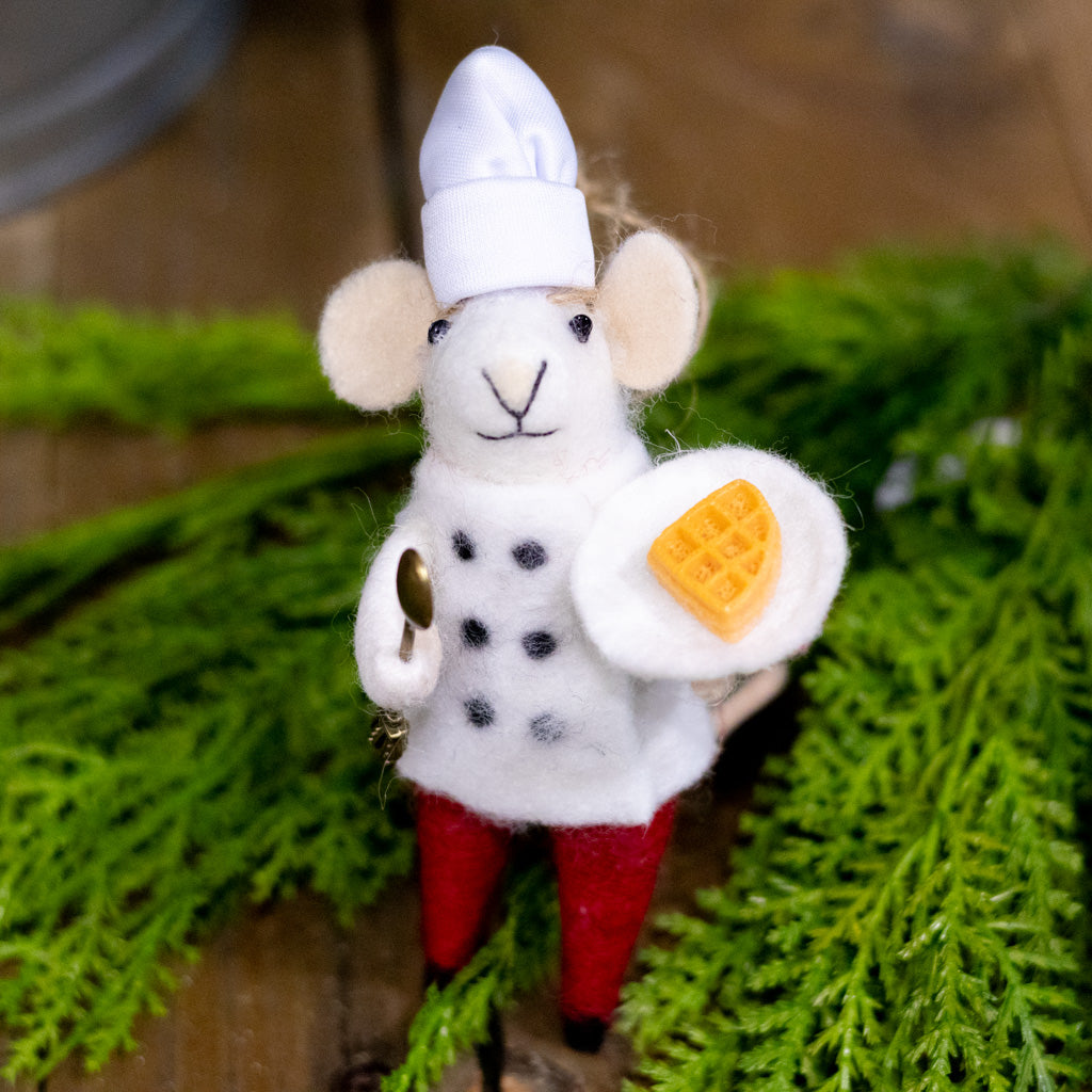 Felt Mouse in Chef Jacket Holding a Plate of Waffles Ornament