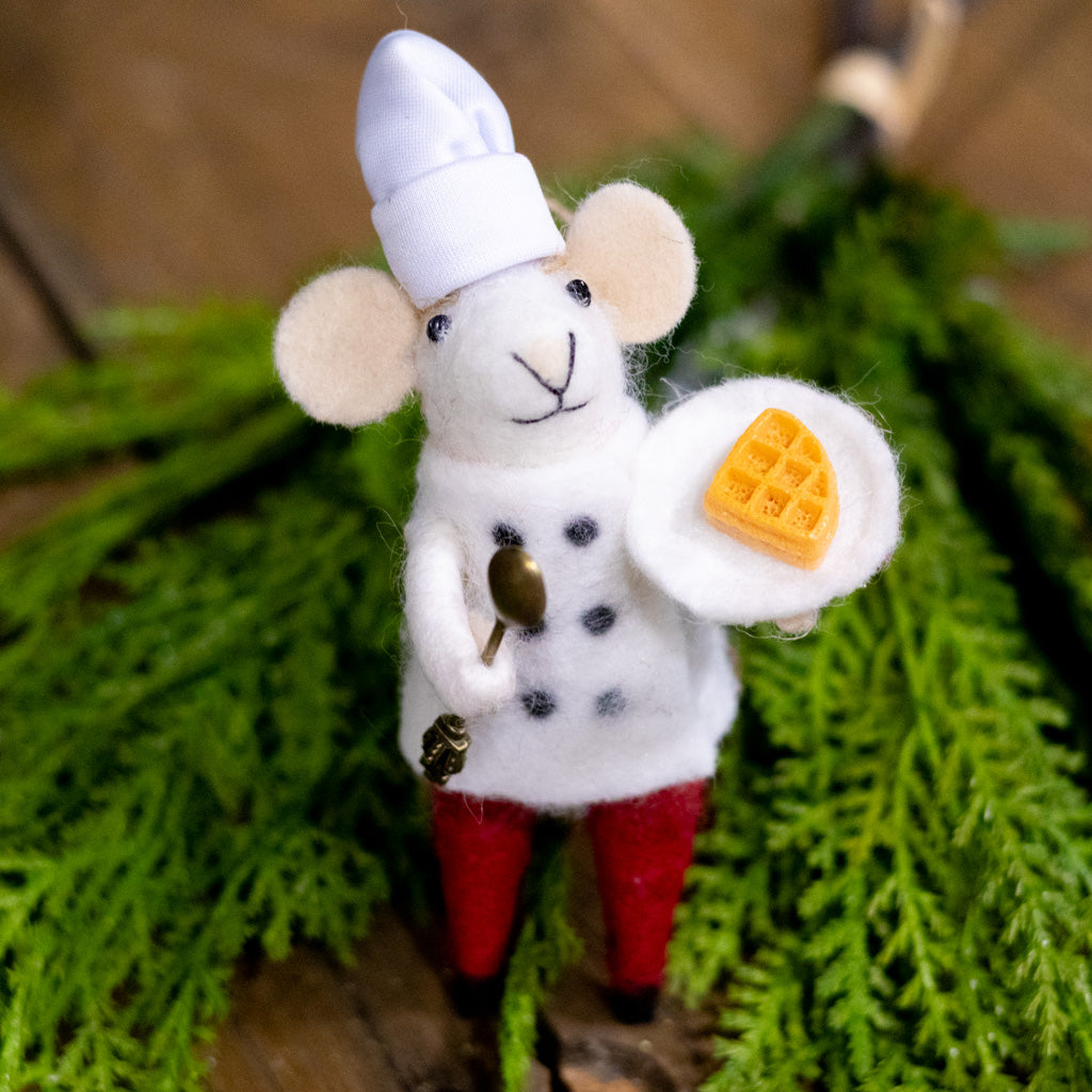 Felt Mouse in Chef Jacket Holding a Plate of Waffles Ornament
