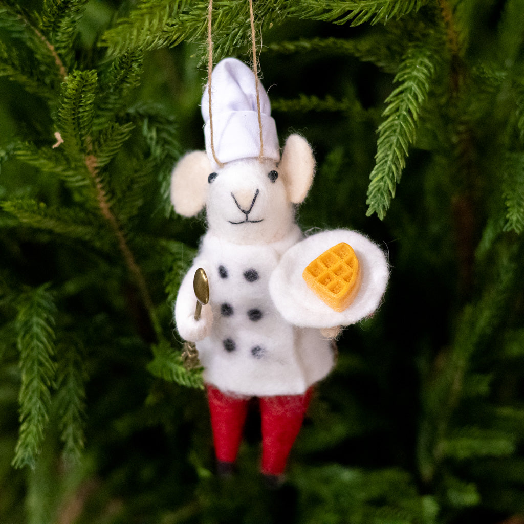 Felt Mouse in Chef Jacket Holding a Plate of Waffles Ornament
