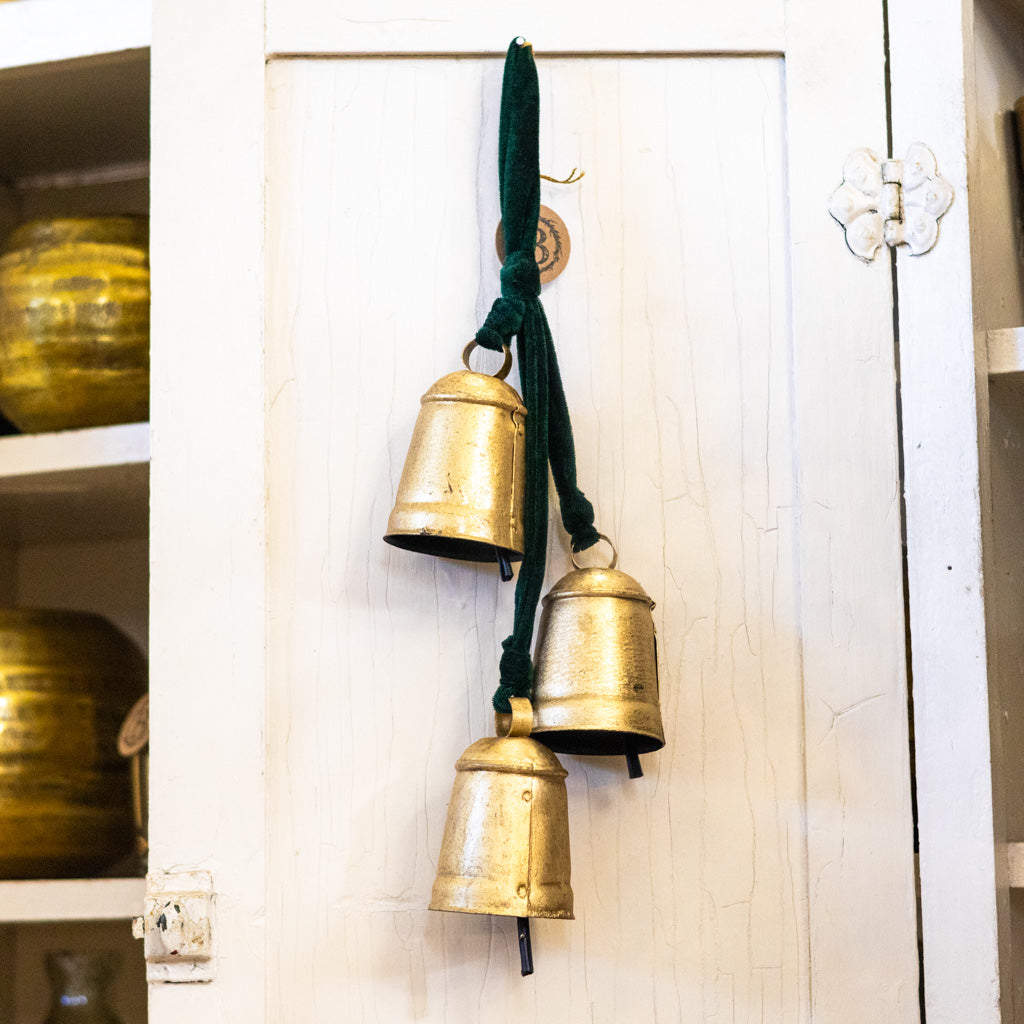 Three Gold Hanging Bells on Green Velvet Ribbon