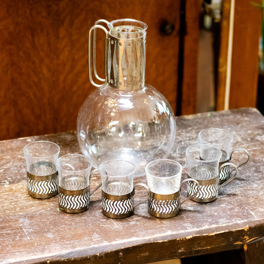 Vintage MCM Corning Pyrex Glass Carafe with Six Demitasse Cups