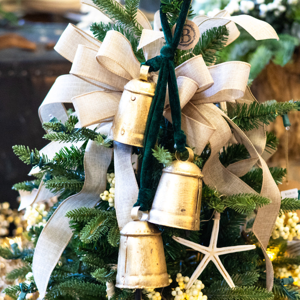 Three Gold Hanging Bells on Green Velvet Ribbon