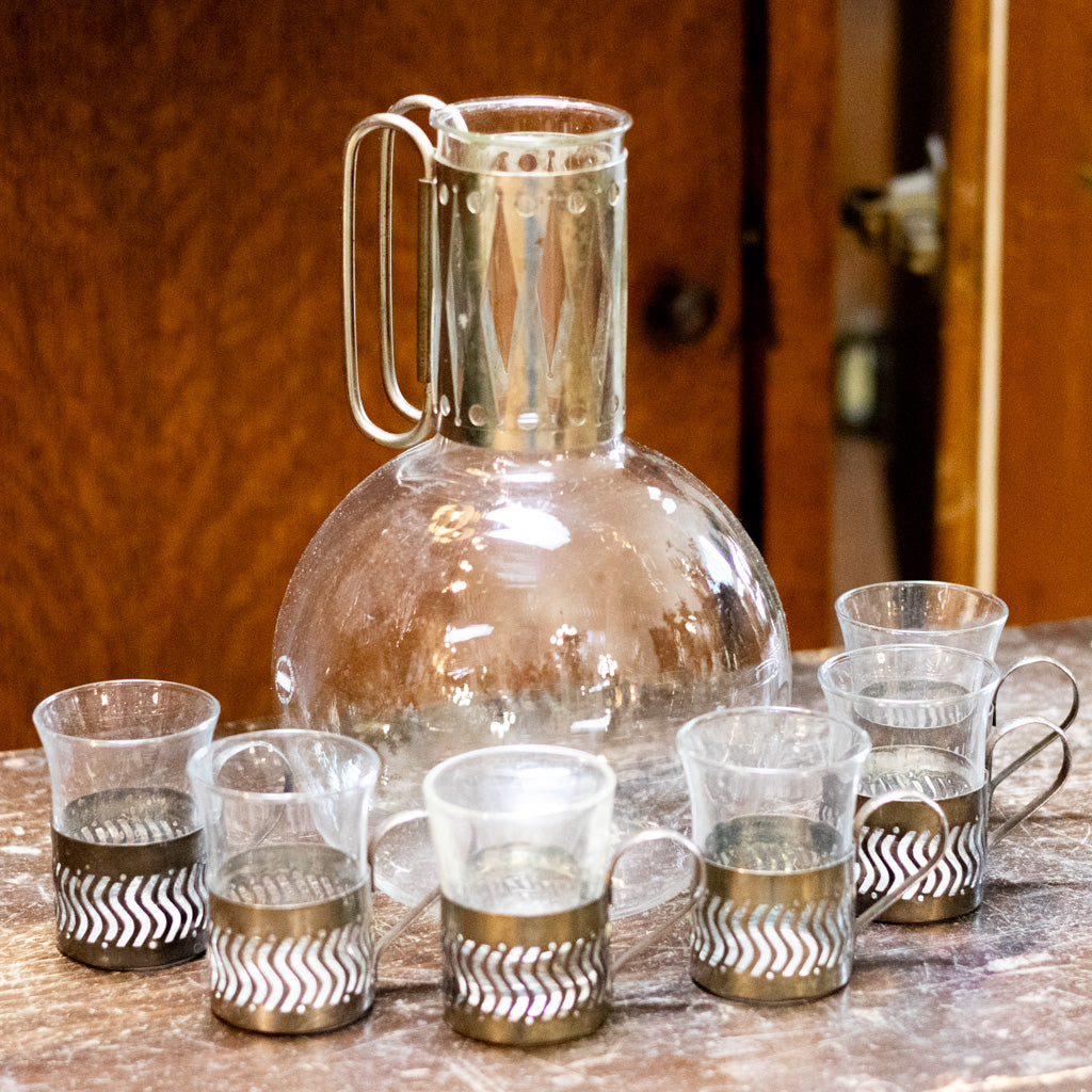 Vintage MCM Corning Pyrex Glass Carafe with Six Demitasse Cups