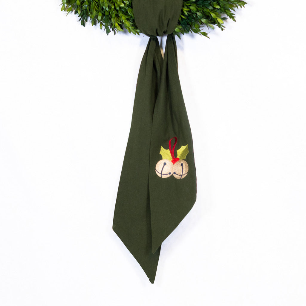 Wreath Green Sash with Embroidered Bells