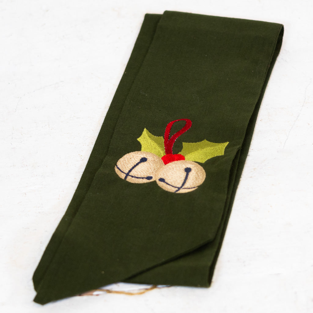 Wreath Green Sash with Embroidered Bells