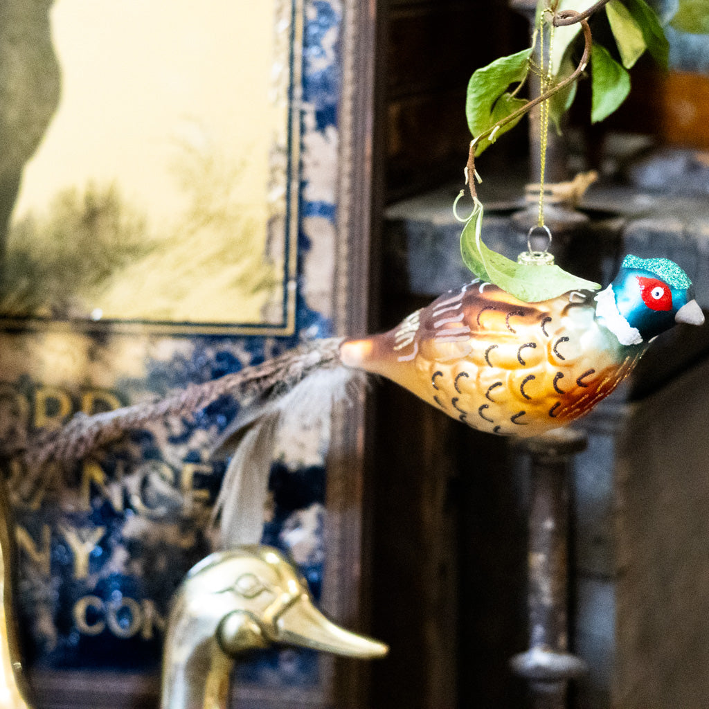 Glass Pheasant with Feather Tail Ornament