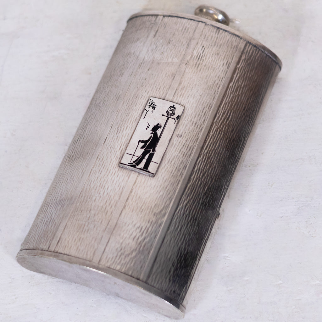 7 3/4" Prohibition Nickel Silver with Silouetter Medallion Flask