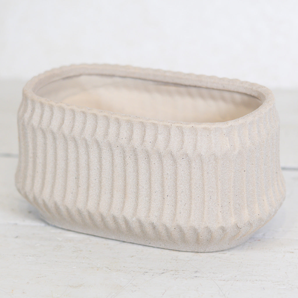 Ribbed Stoneware Planter Beige