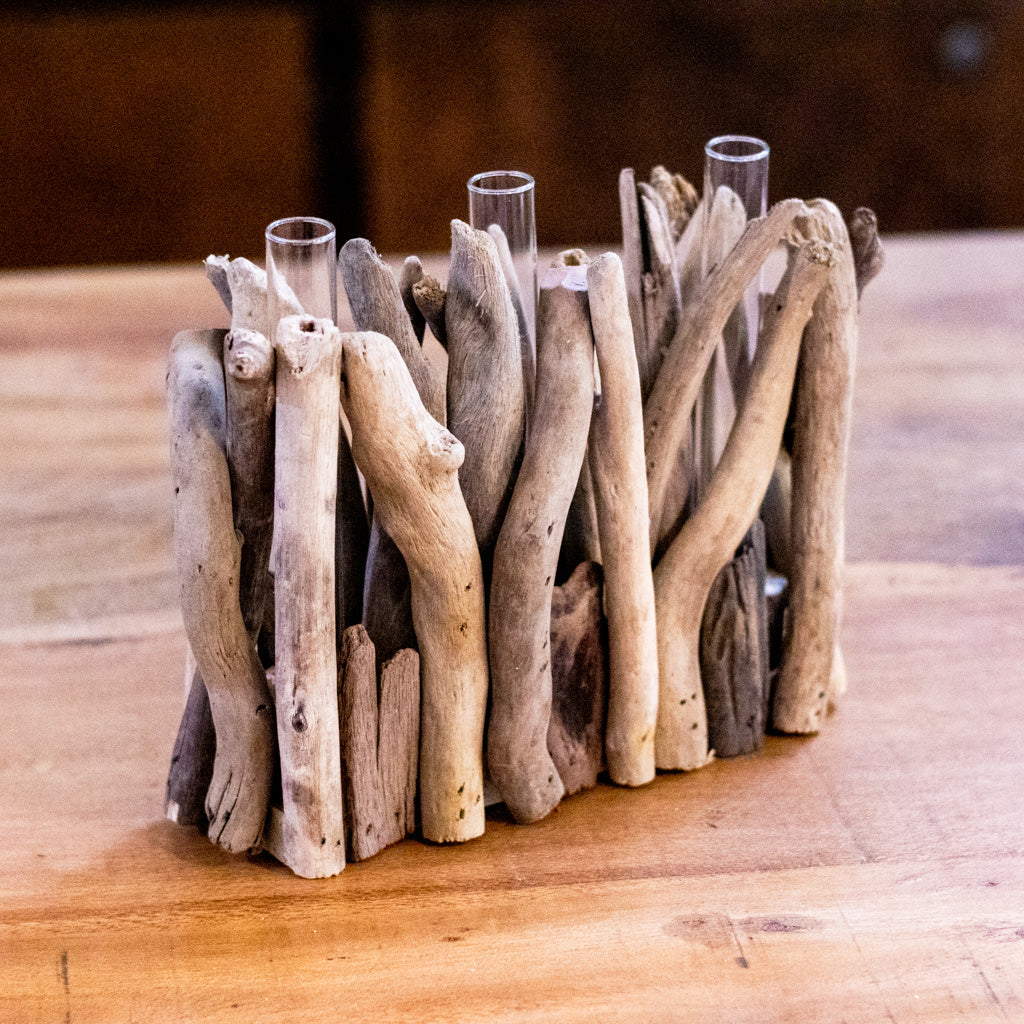 Driftwood Rectangle Shaped Vase with Three Glass Tube Inserts