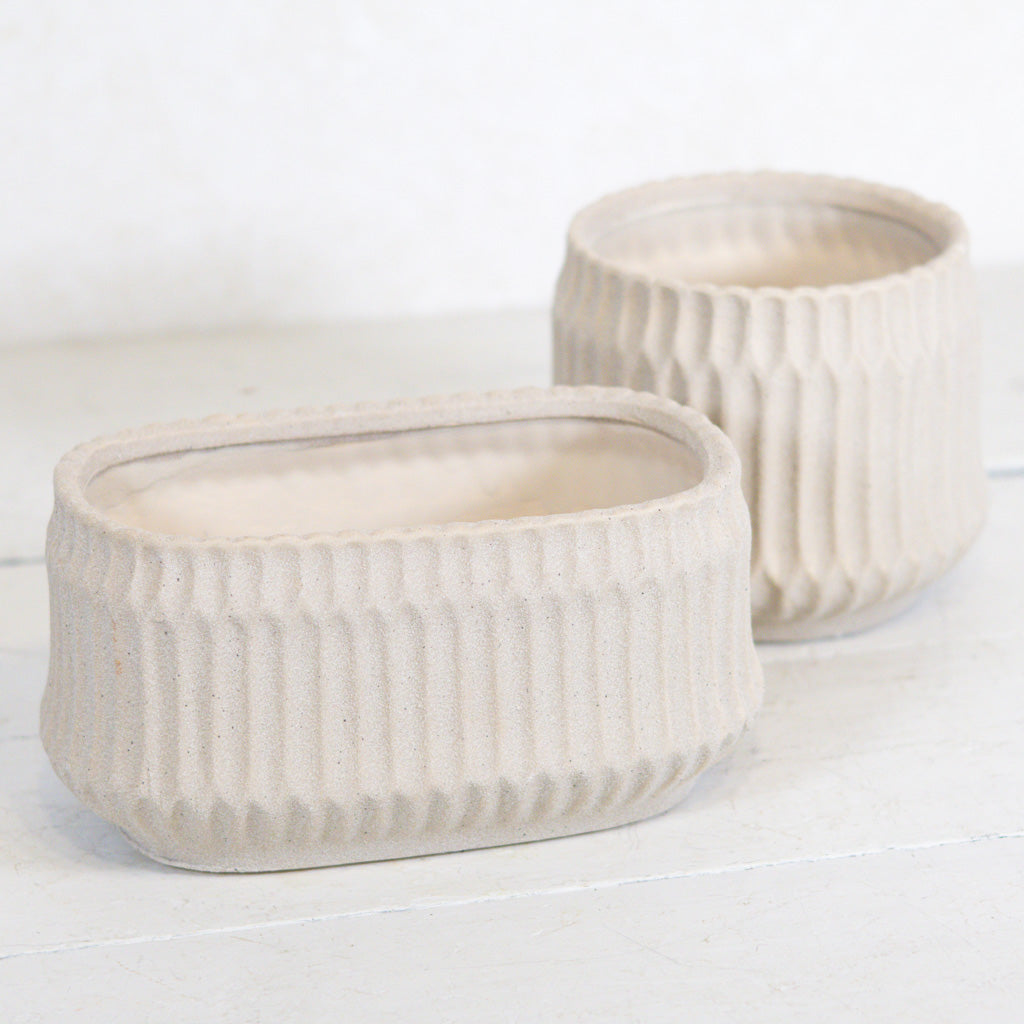 Ribbed Stoneware Planter Beige