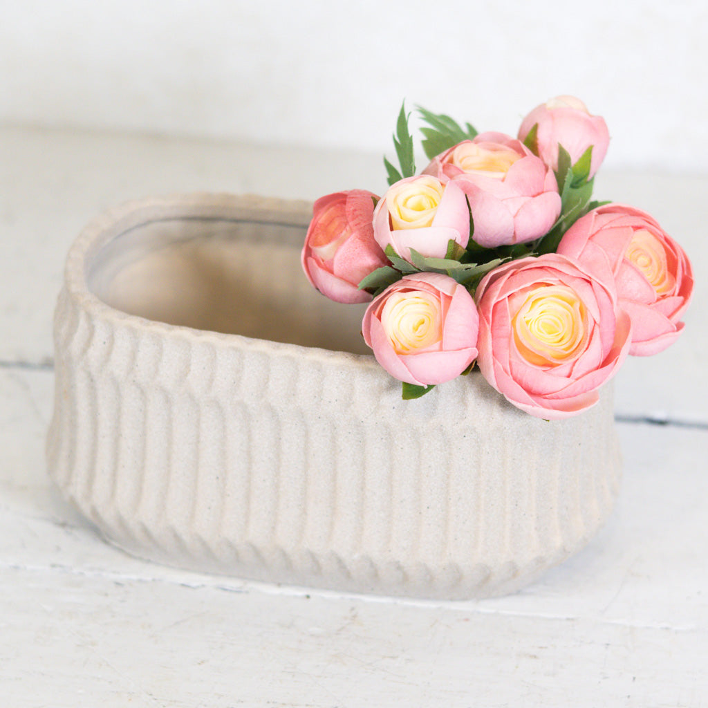 Ribbed Stoneware Planter Beige