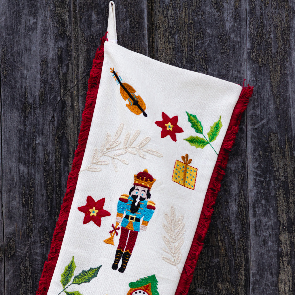 Embroidered Cotton White Nutcracker Stocking
