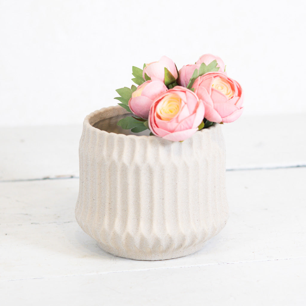 Ribbed Stoneware Pot Beige