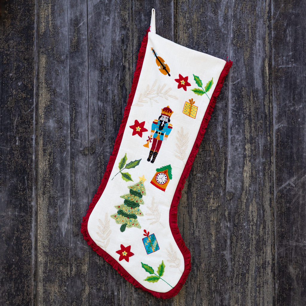 Embroidered Cotton White Nutcracker Stocking