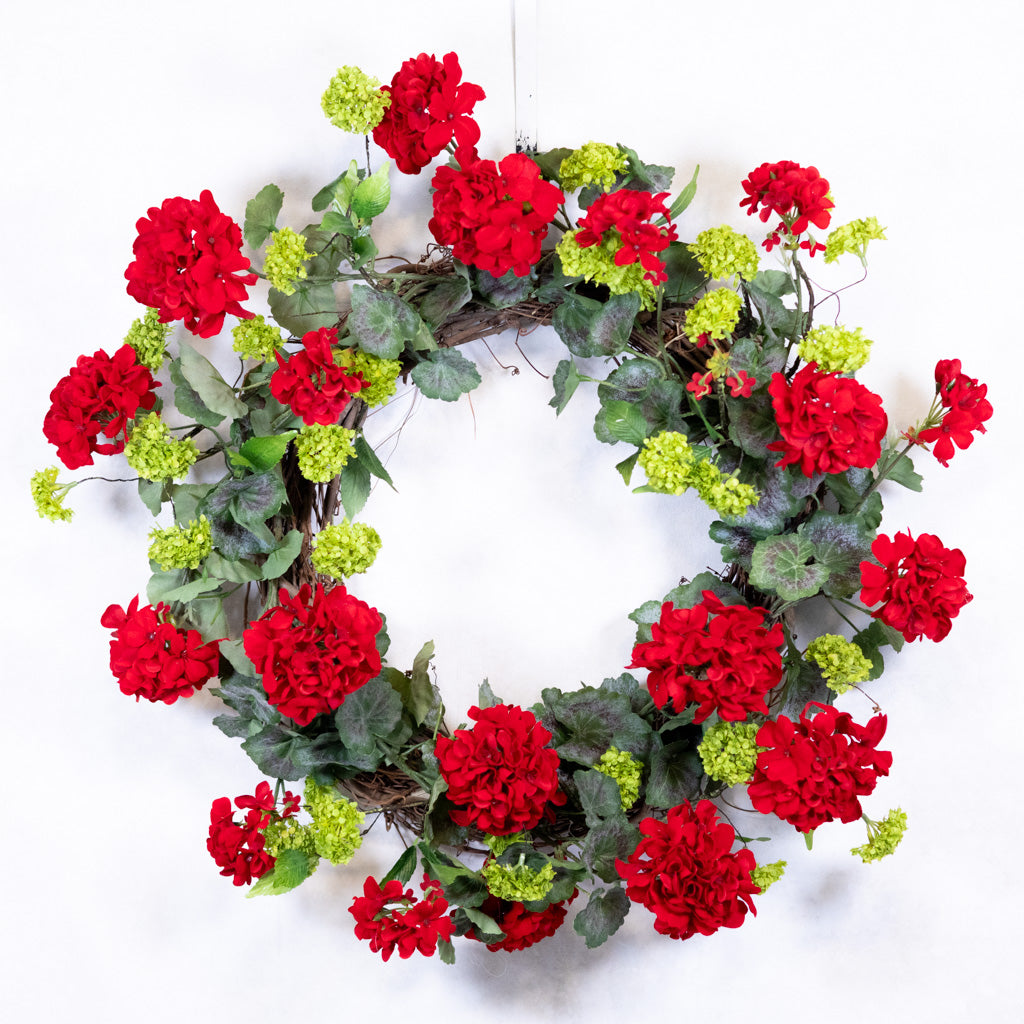 Red Geranium Wreath on Grapevine