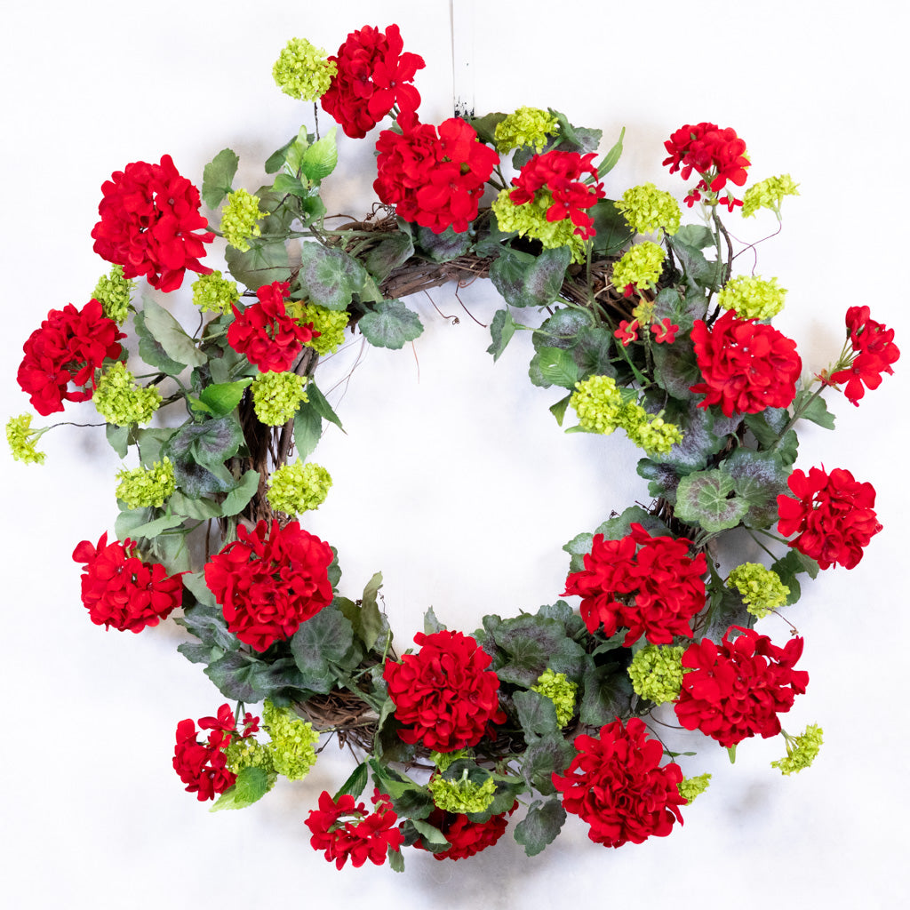Red Geranium Wreath on Grapevine