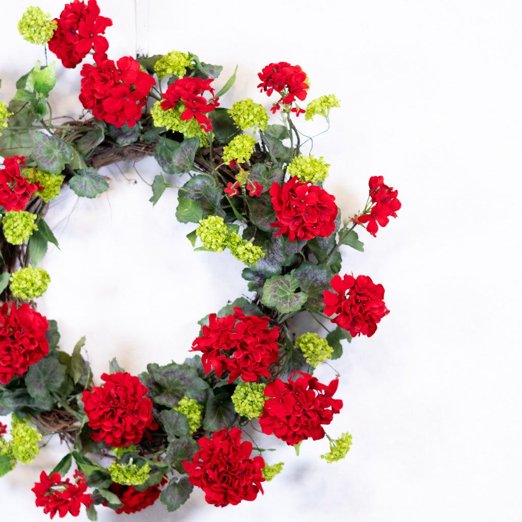 Red Geranium Wreath on Grapevine