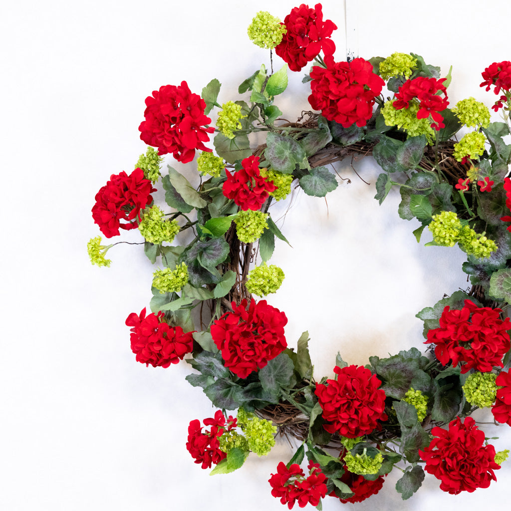 Red Geranium Wreath on Grapevine
