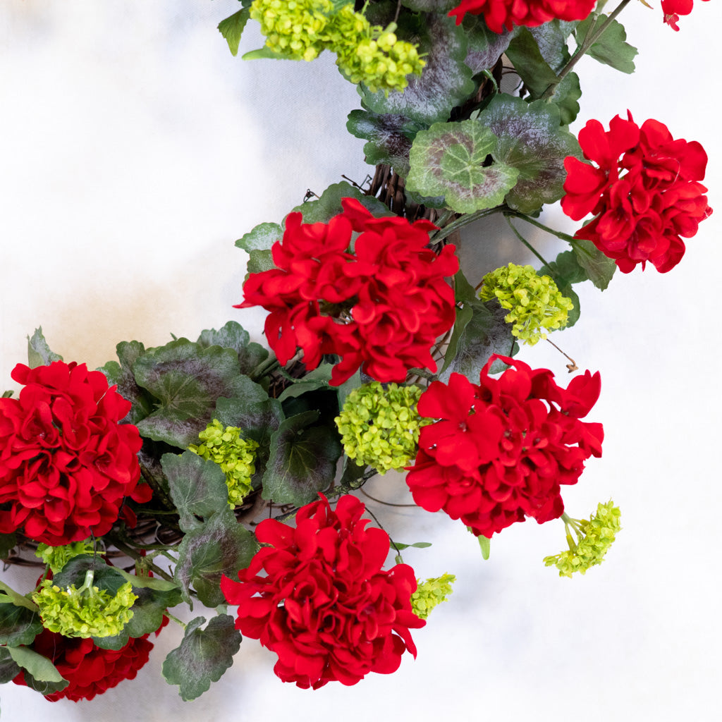 Red Geranium Wreath on Grapevine