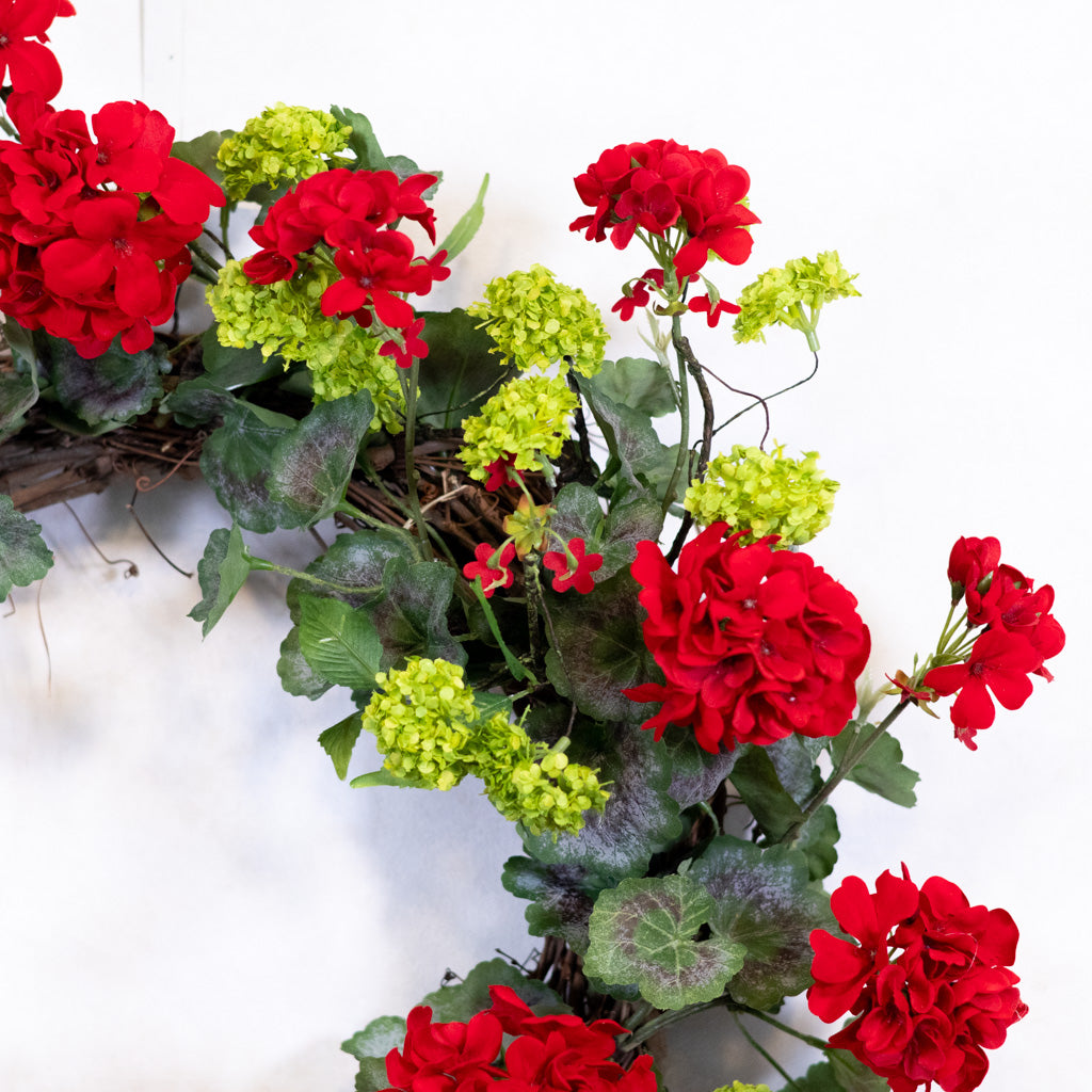 Red Geranium Wreath on Grapevine