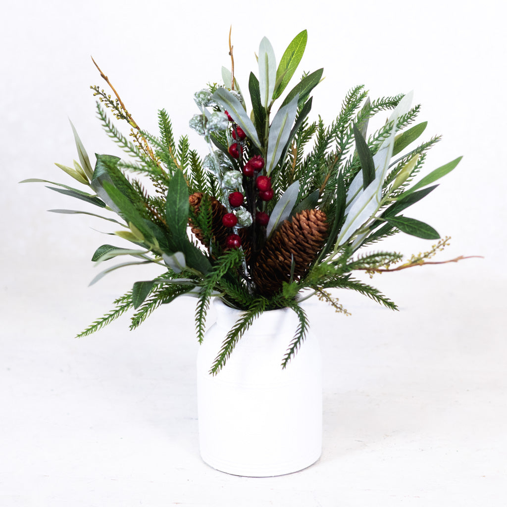Mixed Pine Berries Eucalyptus in White Wood Vase