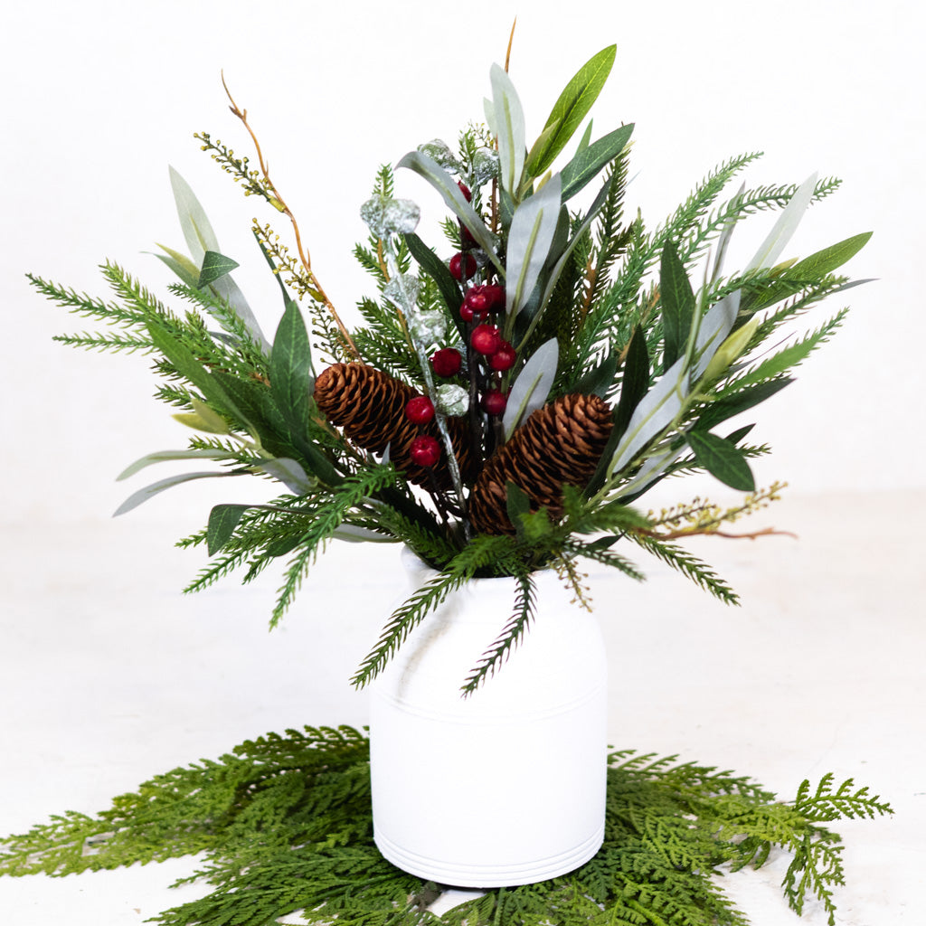 Mixed Pine Berries Eucalyptus in White Wood Vase