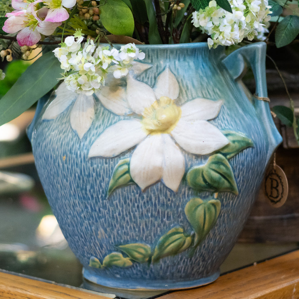 Roseville Pottery Clematis Blue Handled Cookie Jar