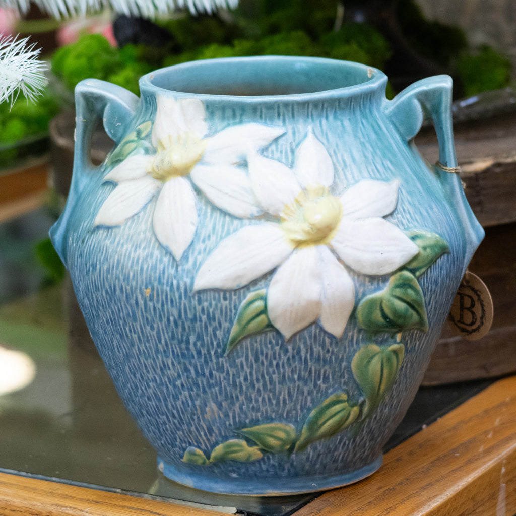 Roseville Pottery Clematis Blue Handled Cookie Jar