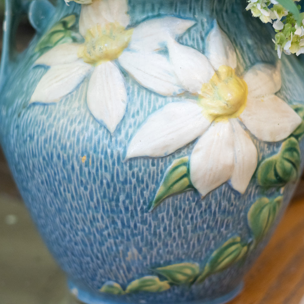 Roseville Pottery Clematis Blue Handled Cookie Jar