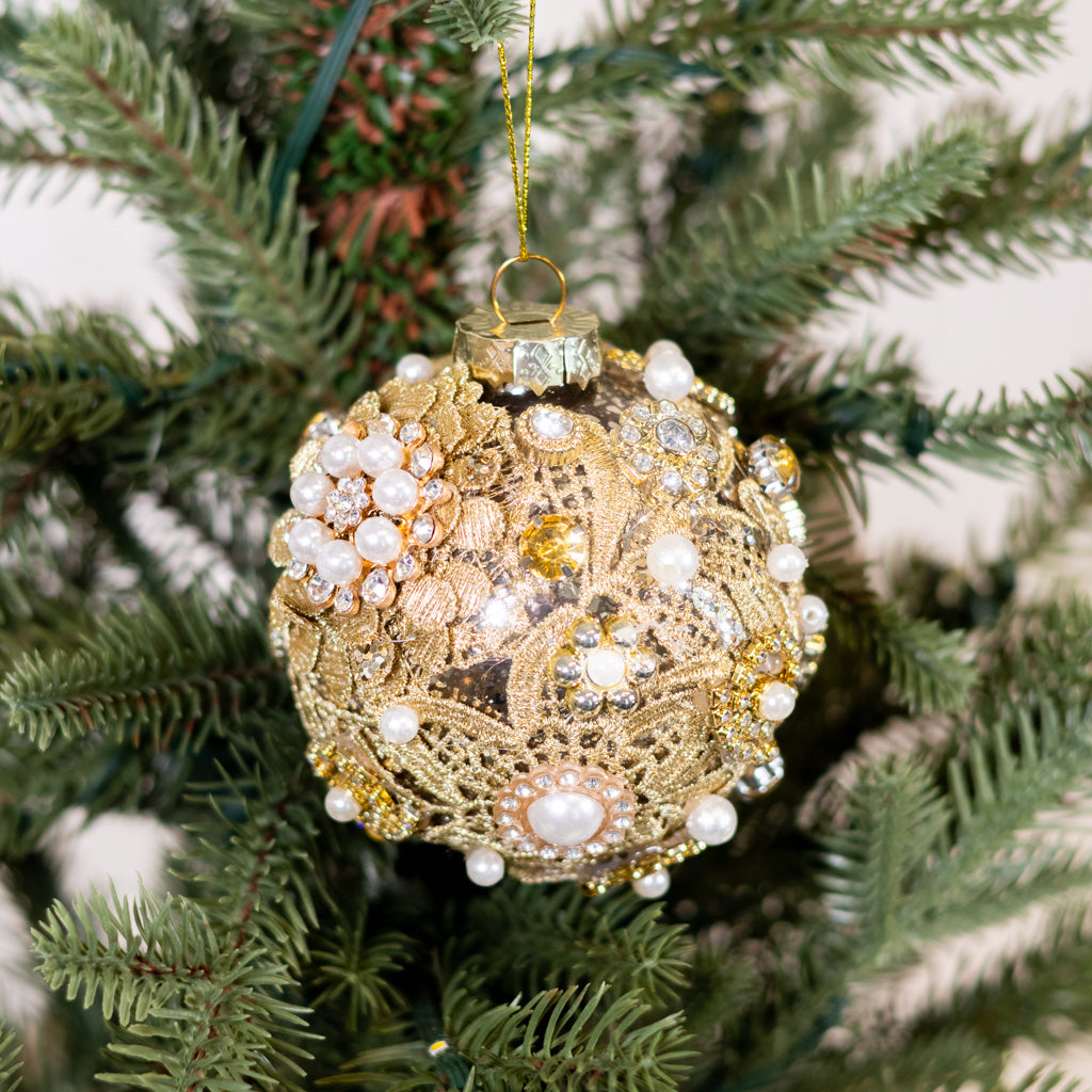 Glass Antique Silver with Florals Pearls Gems Ball