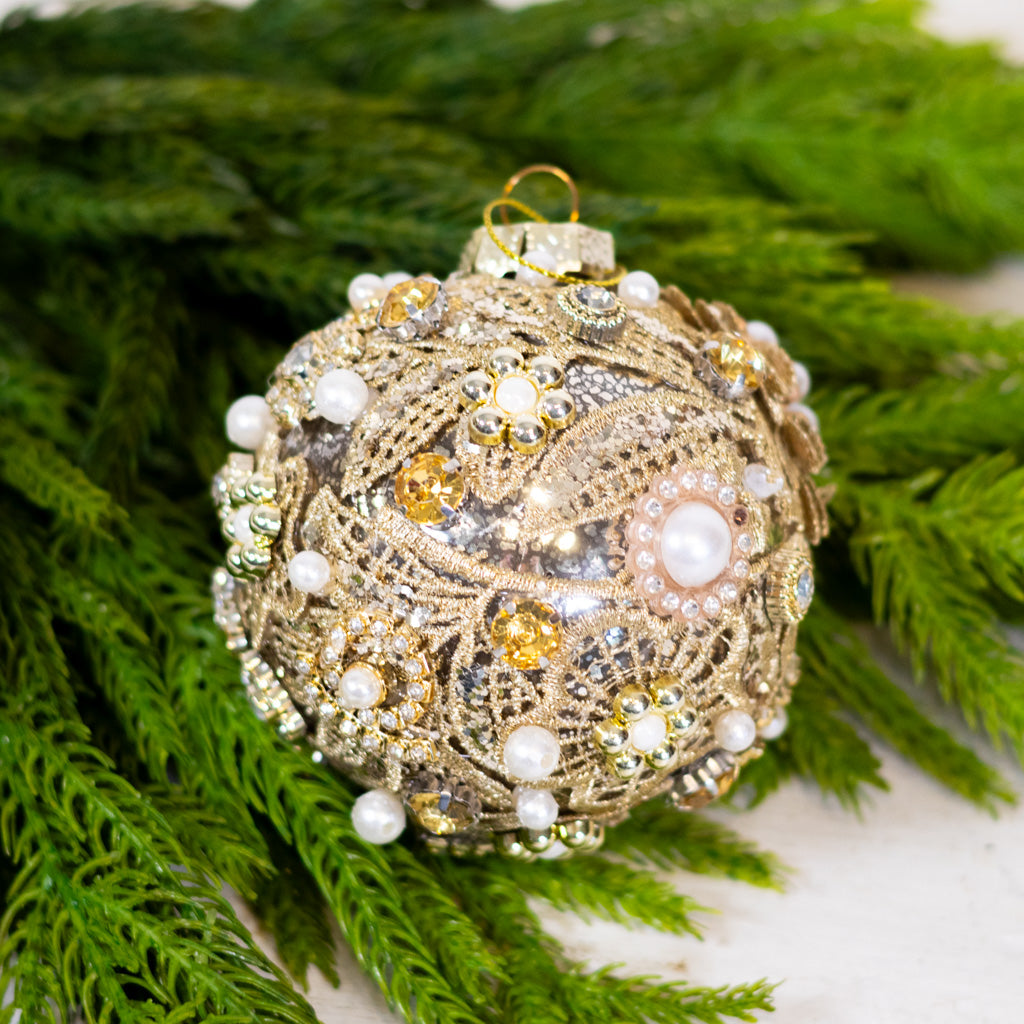 Glass Antique Silver with Florals Pearls Gems Ball