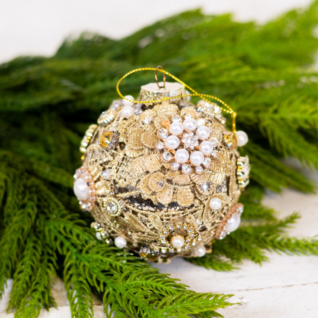 Glass Antique Silver with Florals Pearls Gems Ball