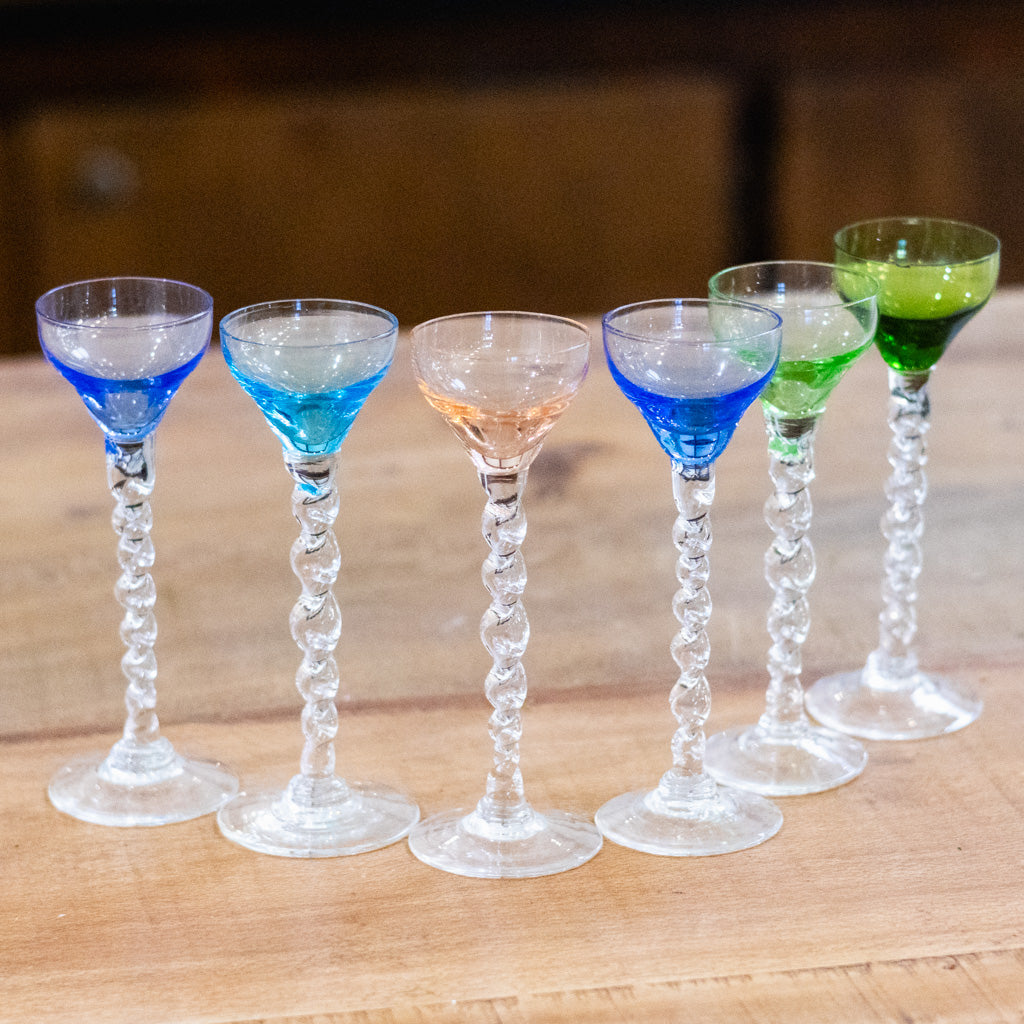 Set of Six Handblown "Barley Twist" Liqueur Glasses