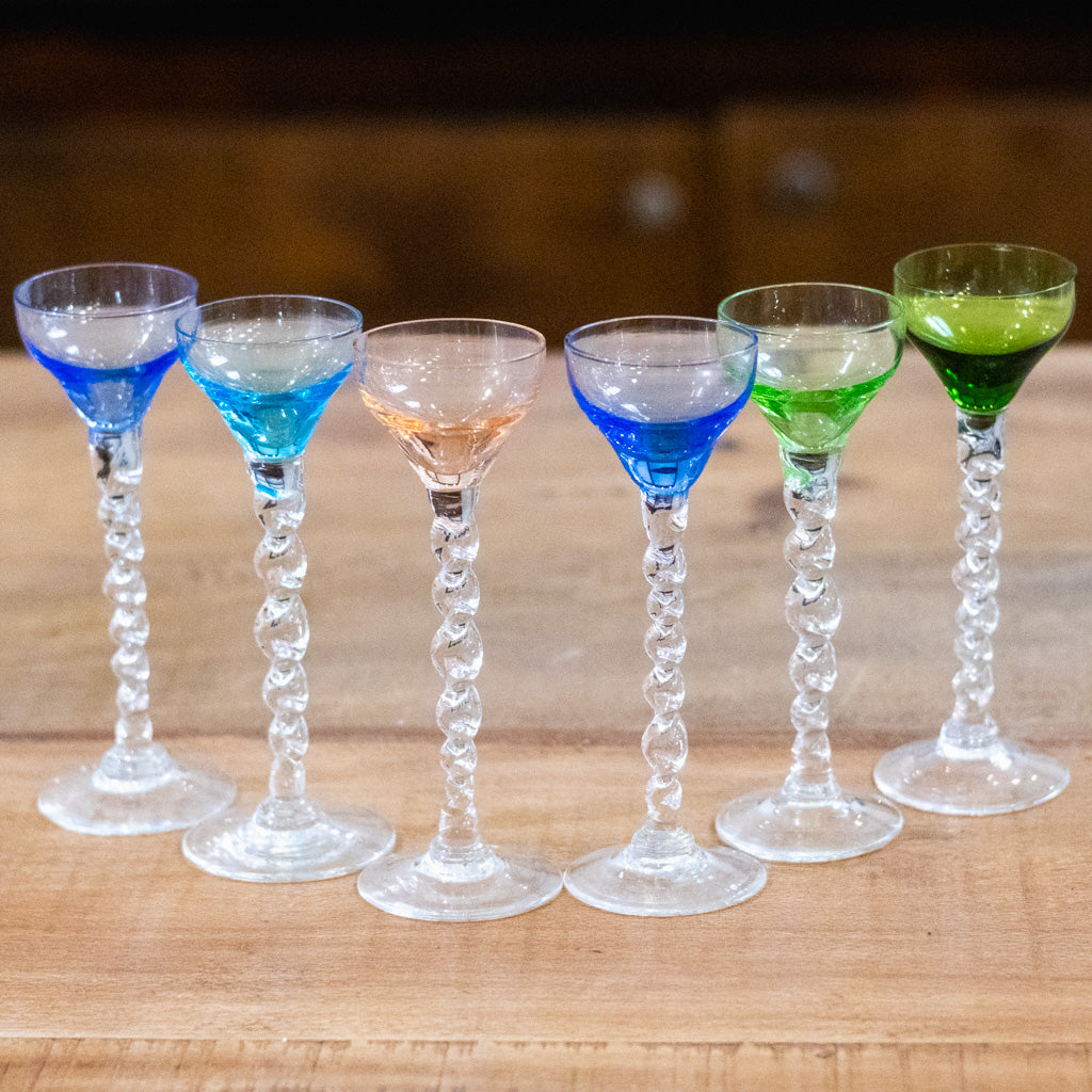 Set of Six Handblown "Barley Twist" Liqueur Glasses