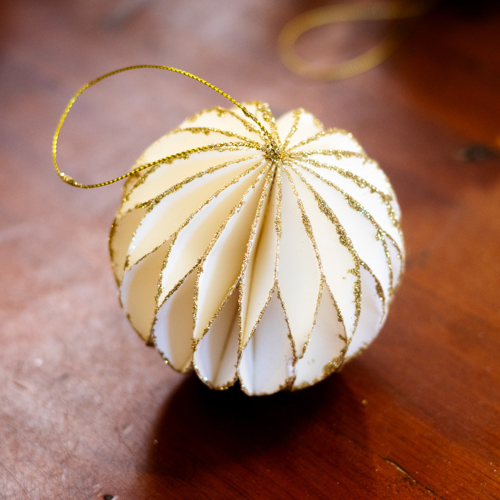 Box of Four White with Gold Glitter Round Ornaments